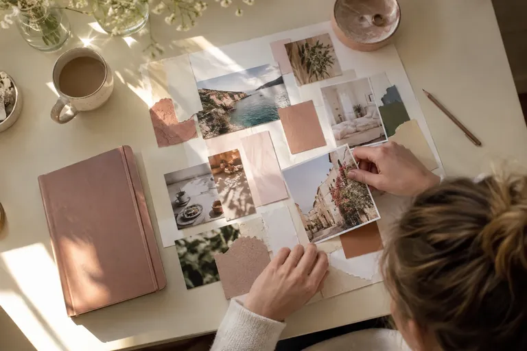 Un tableau de vision fait main avec des images inspirantes et un carnet sur un bureau clair