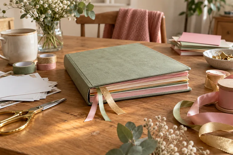 Un carnet épais fermé laisse dépasser trois rubans colorés sur une table.