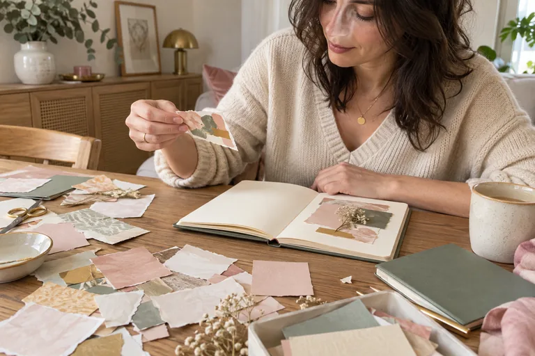 Une femme choisit un petit collage abstrait près d’un carnet ouvert.