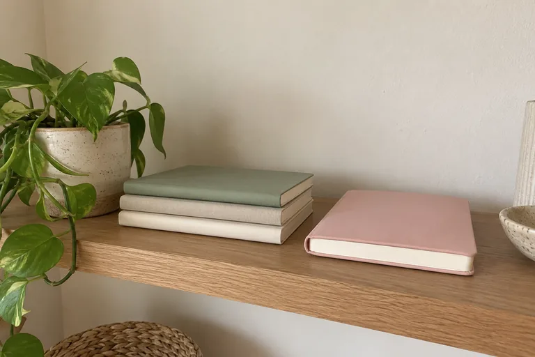 Un carnet rose fermé et trois carnets empilés reposent sur une étagère près d’une plante.