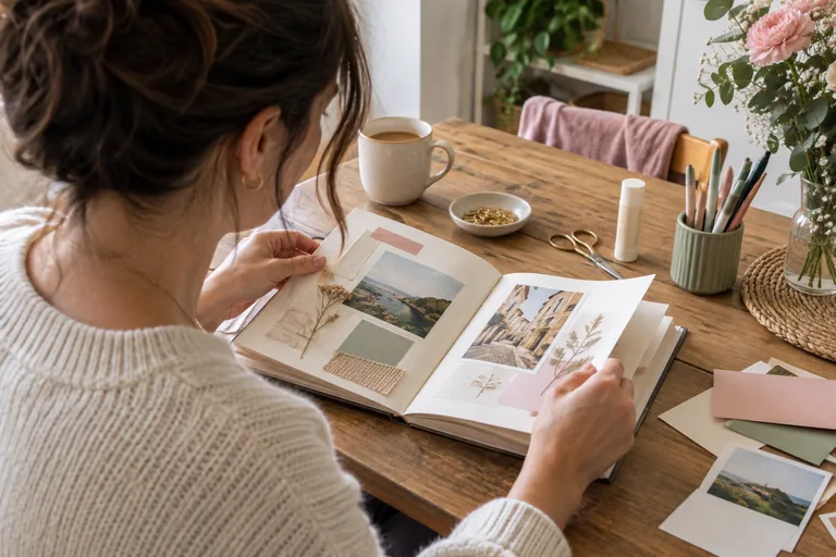 Une femme feuillette un carnet composé de photos de lieux, de végétaux et de morceaux de tissu.