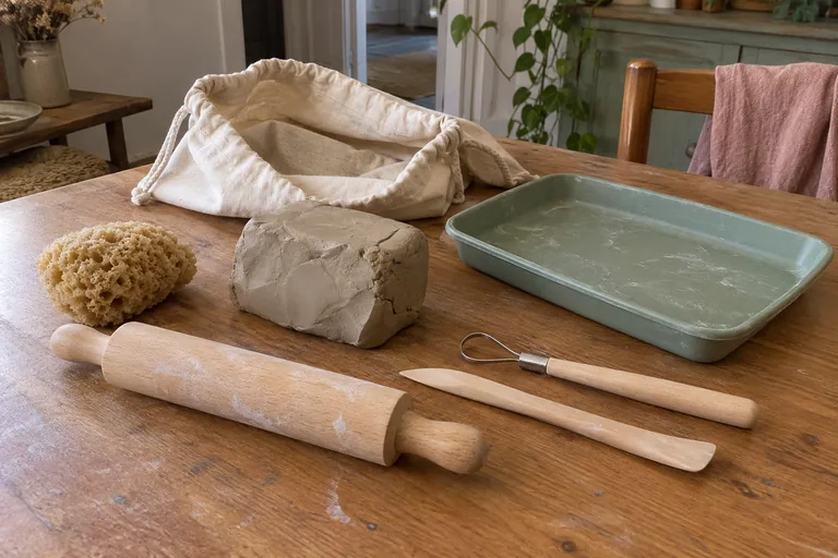 Argile, rouleau, éponge et outils de modelage disposés sur une table.