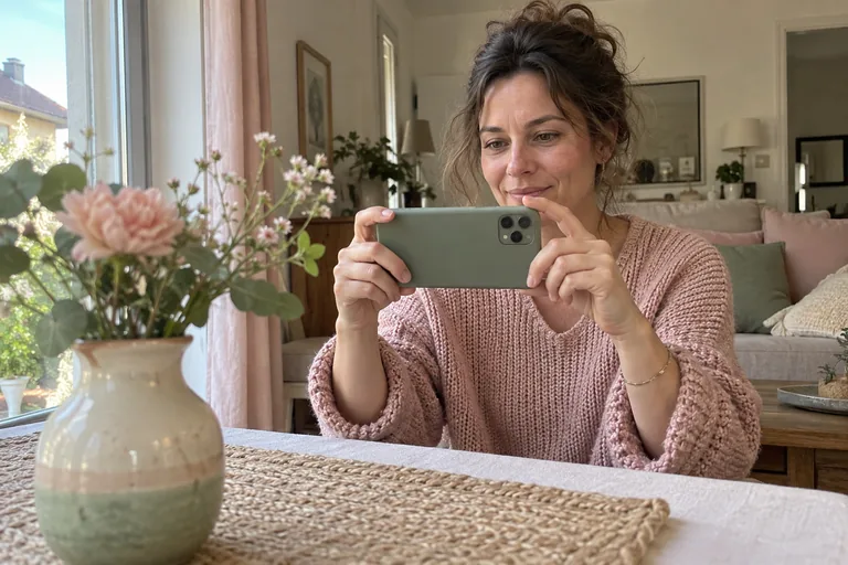 Femme photographiant un vase avec un téléphone dont seul le dos est visible.