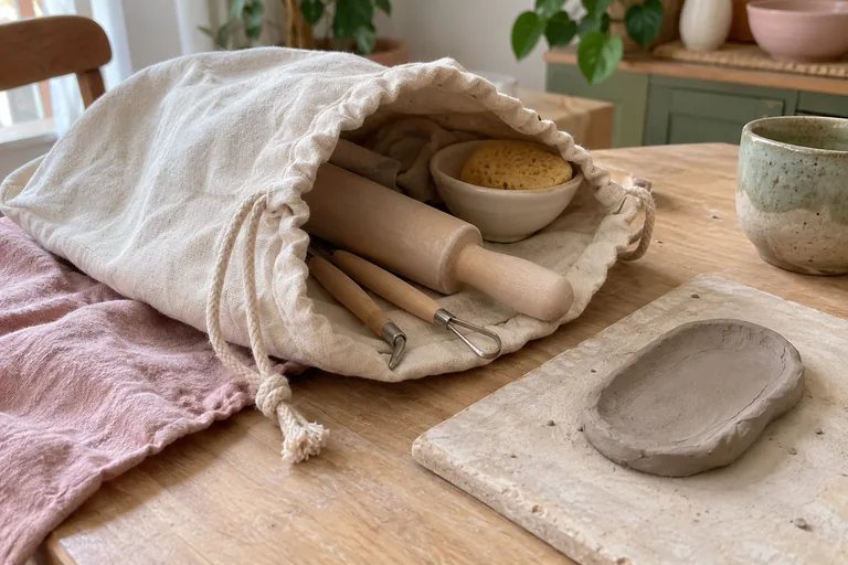 Outils de poterie dans un sac de toile près d’une petite forme en argile.