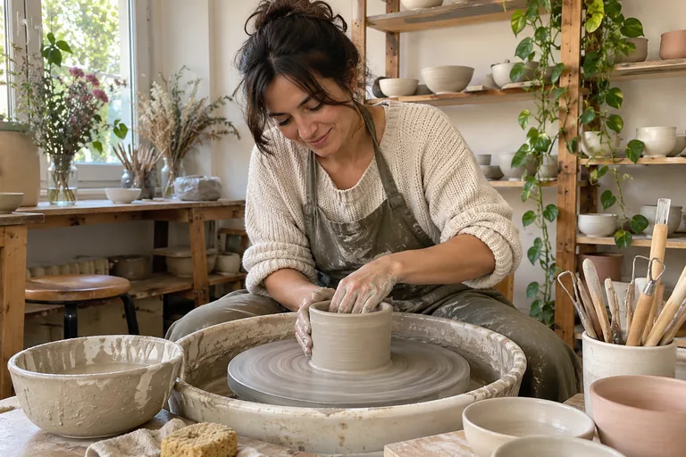 Femme façonnant un pot sur un tour de potier.