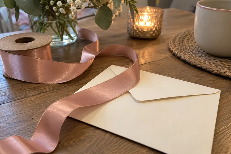 Enveloppe crème sans écriture près d’une bobine de ruban rose.