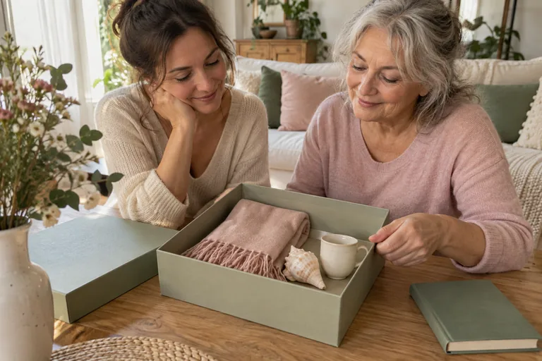 Deux femmes regardant une boîte verte ouverte contenant une écharpe rose, un coquillage et une petite tasse.