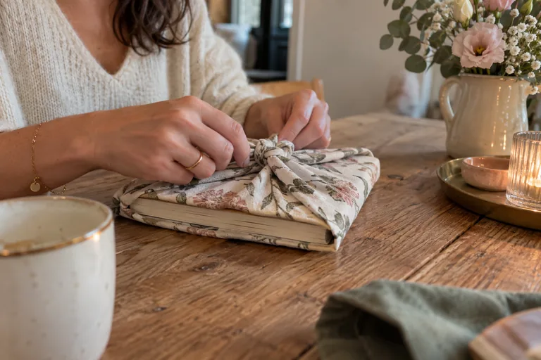 Mains nouant un tissu fleuri autour d’un carnet fermé.