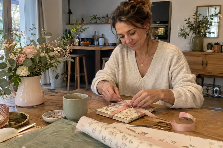 Femme nouant un ruban rose autour d’un carnet fleuri posé sur une table.