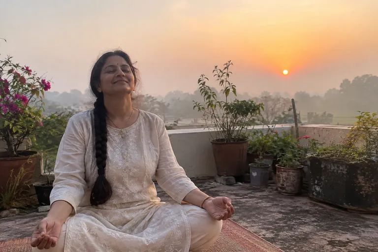 Une femme assise en tailleur sur une terrasse au lever du soleil visualise, les yeux fermés