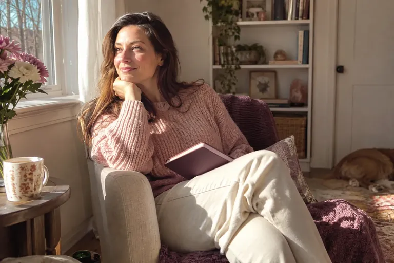 Une femme marque une pause dans un coin lumineux, carnet fermé sur les genoux, pour visualiser une intention