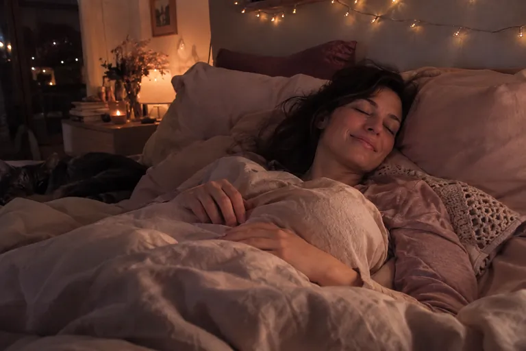 Une femme allongée dans son lit sourit paisiblement les yeux fermés sous des guirlandes lumineuses