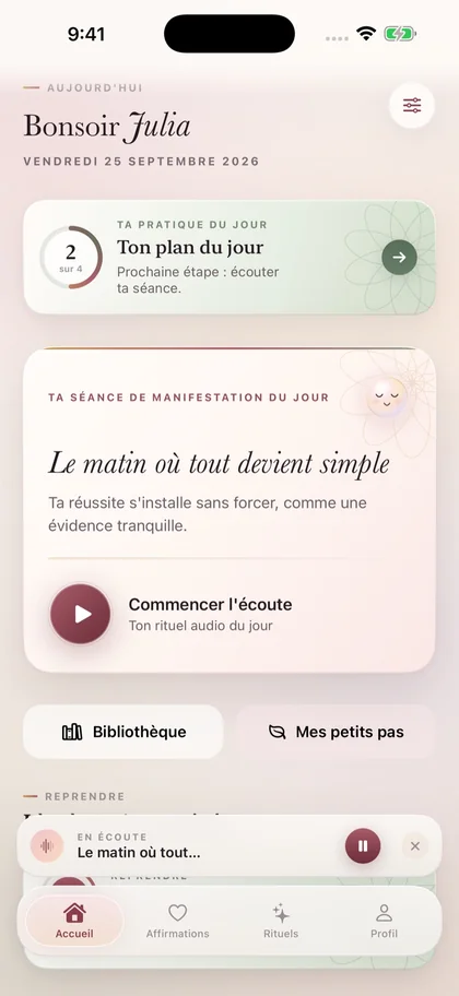 Accueil de Miraya : plan du jour et séance de manifestation du jour.