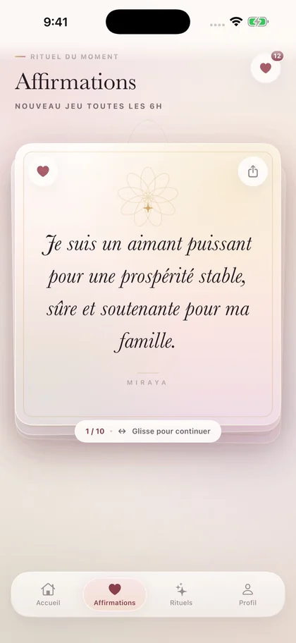 Écran Affirmations de Miraya : une carte d’affirmation personnalisée à faire glisser.