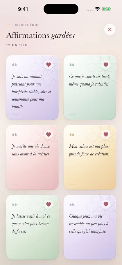 Bibliothèque Miraya Affirmations gardées : douze cartes colorées de phrases enregistrées