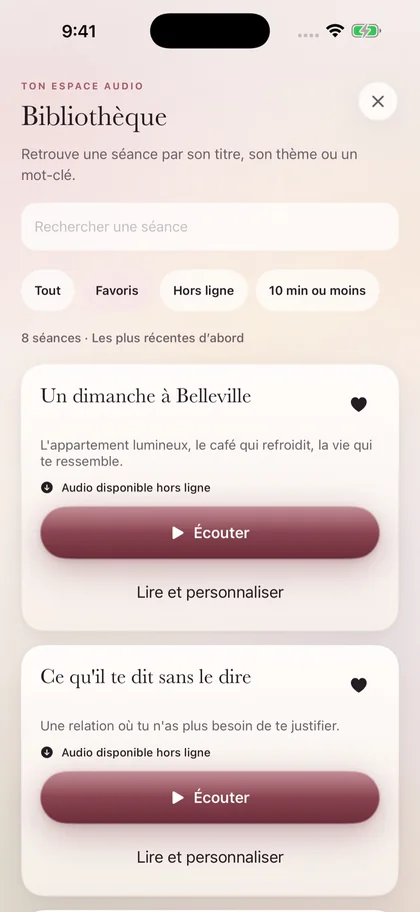 Bibliothèque de Miraya : séances favorites disponibles hors ligne, boutons Écouter.