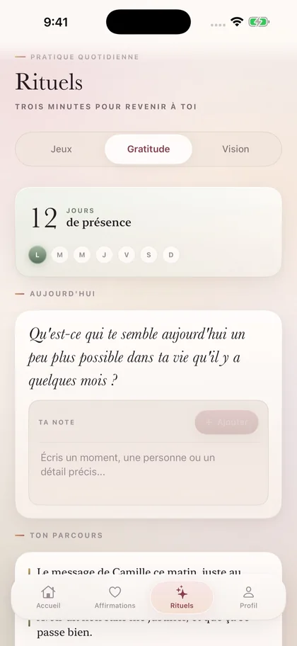 Écran Gratitude de Miraya : question du jour et jours de présence.