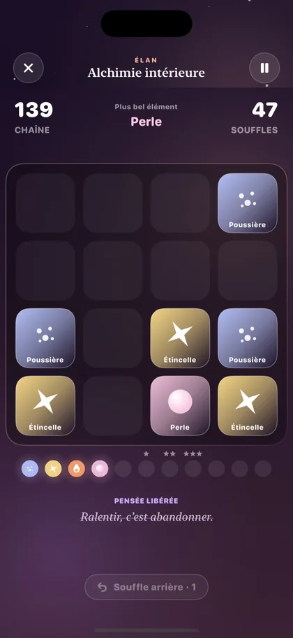 Jeu « Alchimie intérieure » de Miraya : grille d’éléments lumineux à fusionner.