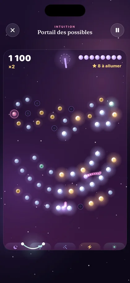 Jeu « Portail des possibles » de Miraya : portails lumineux sur un ciel violet.