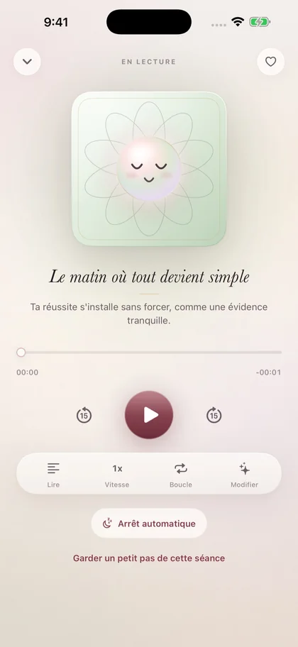 Lecteur de Miraya : la mascotte Mira sur la pochette de la séance, commandes de lecture et arrêt automatique.
