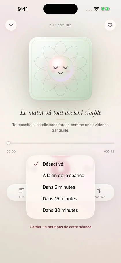 Lecteur de Miraya : menu d’arrêt automatique avec les options fin de séance, 5, 15 ou 30 minutes