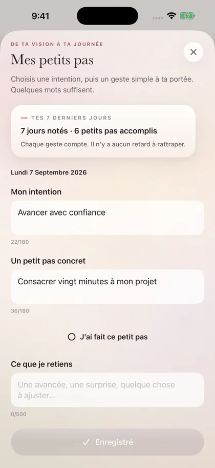Écran Mes petits pas de Miraya, avec intention, action concrète et bilan