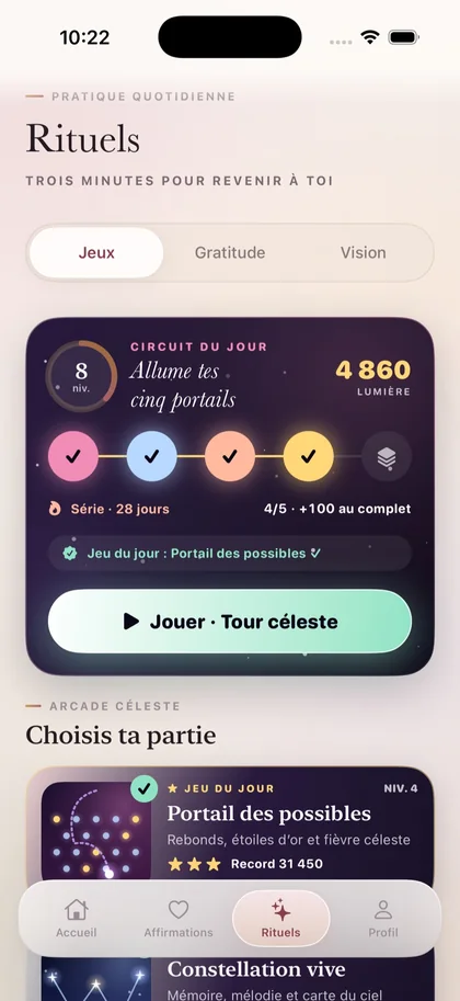 Écran Rituels de Miraya : circuit du jour et jeux de l’arcade céleste.