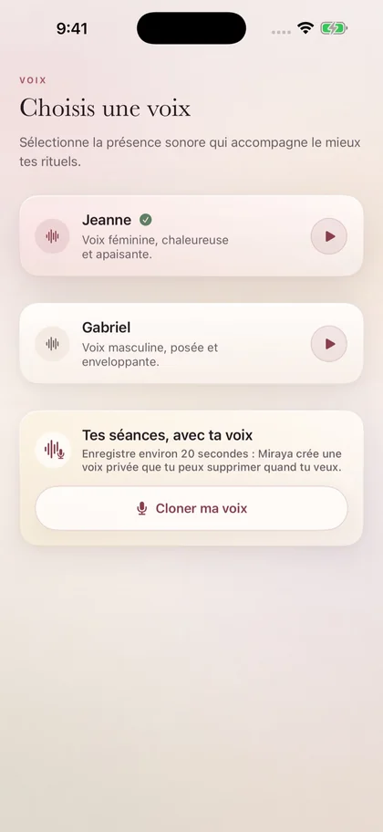 Écran « Choisis une voix » de Miraya : Jeanne, Gabriel ou tes séances avec ta propre voix